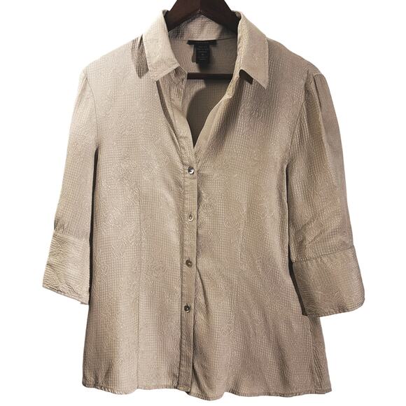 Silkland Beige 100% Silk Floral Embossed Top Women's Medium - Picture 1 of 6